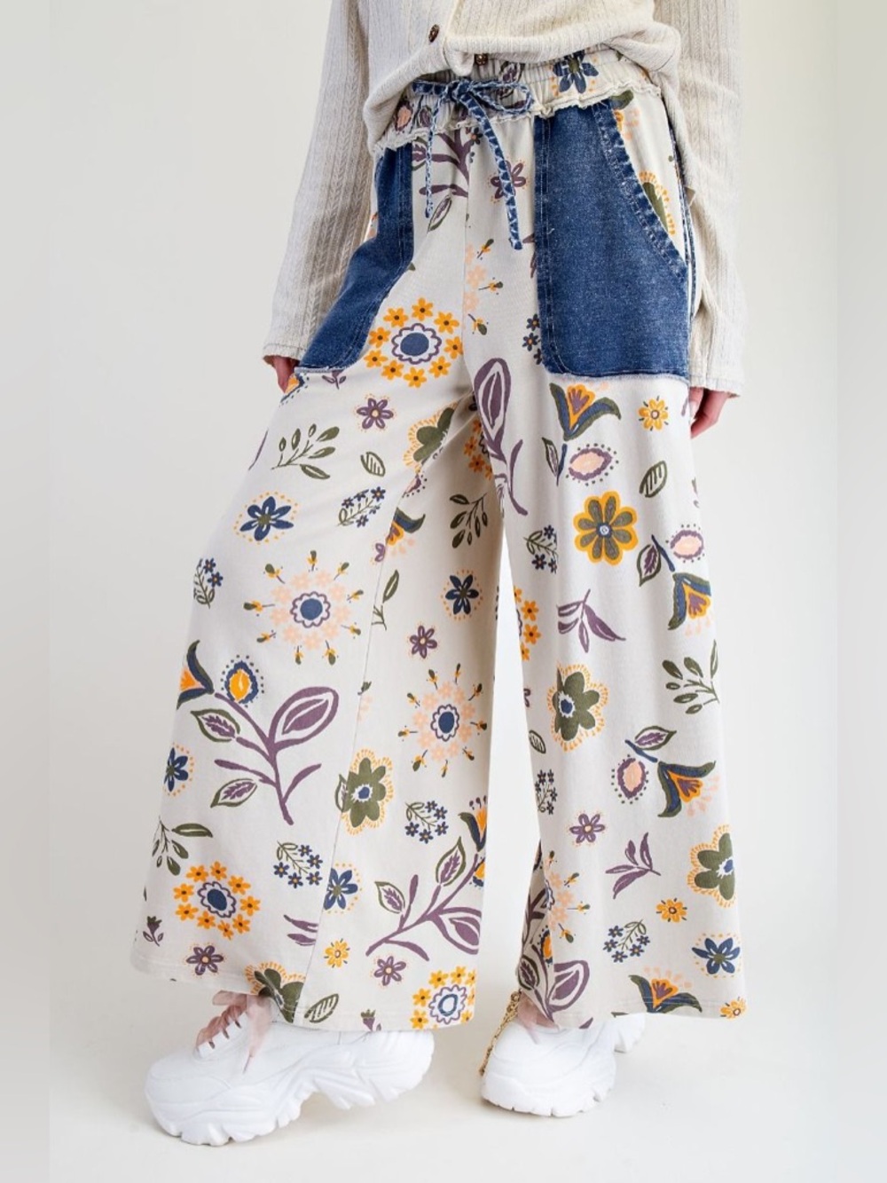 easel Wide Leg Floral Patchwork Pants in Cream, Blue, Yellow, Olive, Purple